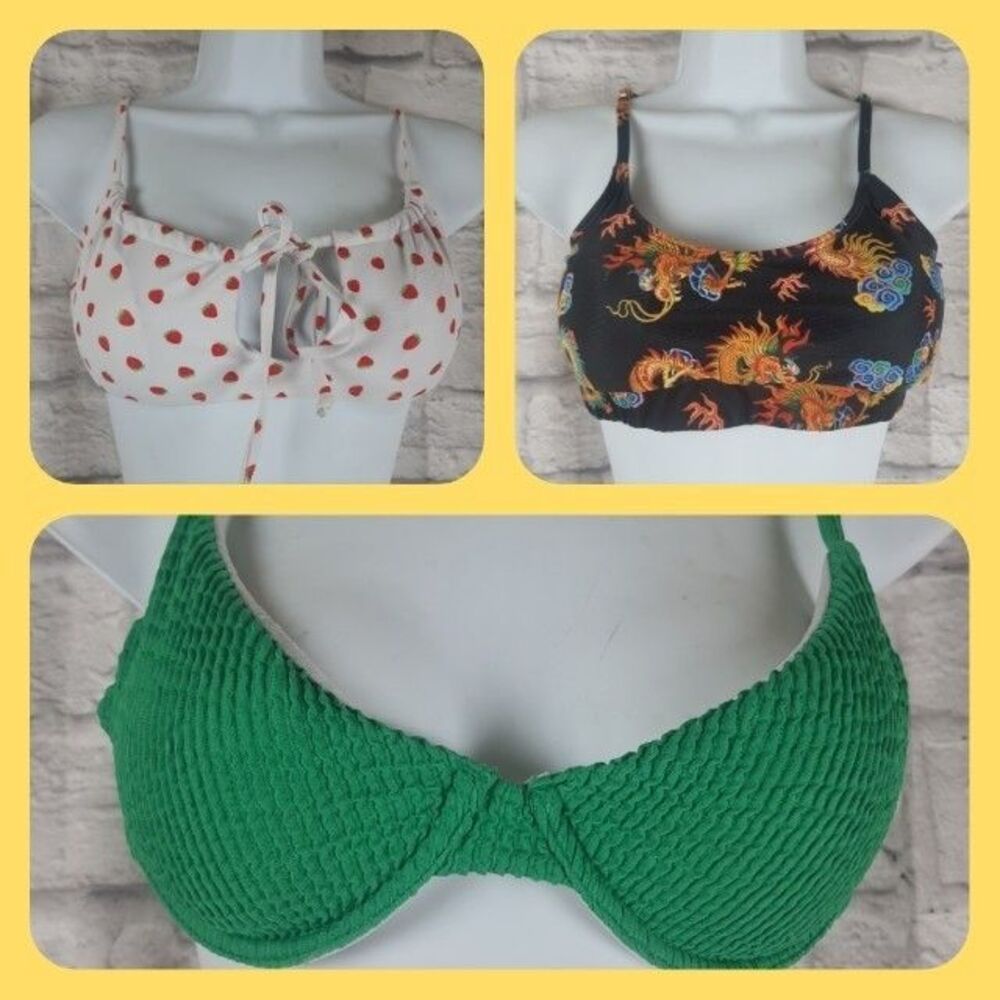 Lot Of 3 Women’s Small Bikini Top Variety Strawberry Dragons Green Underwire
